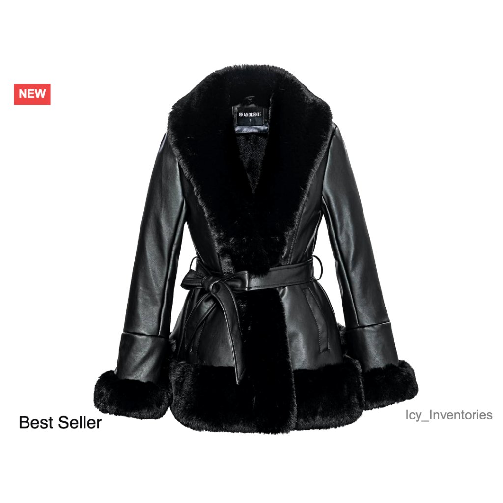 Faux Leather Jacket With Faux Fur Collar Peplum Parka Coat Belted Winter Style